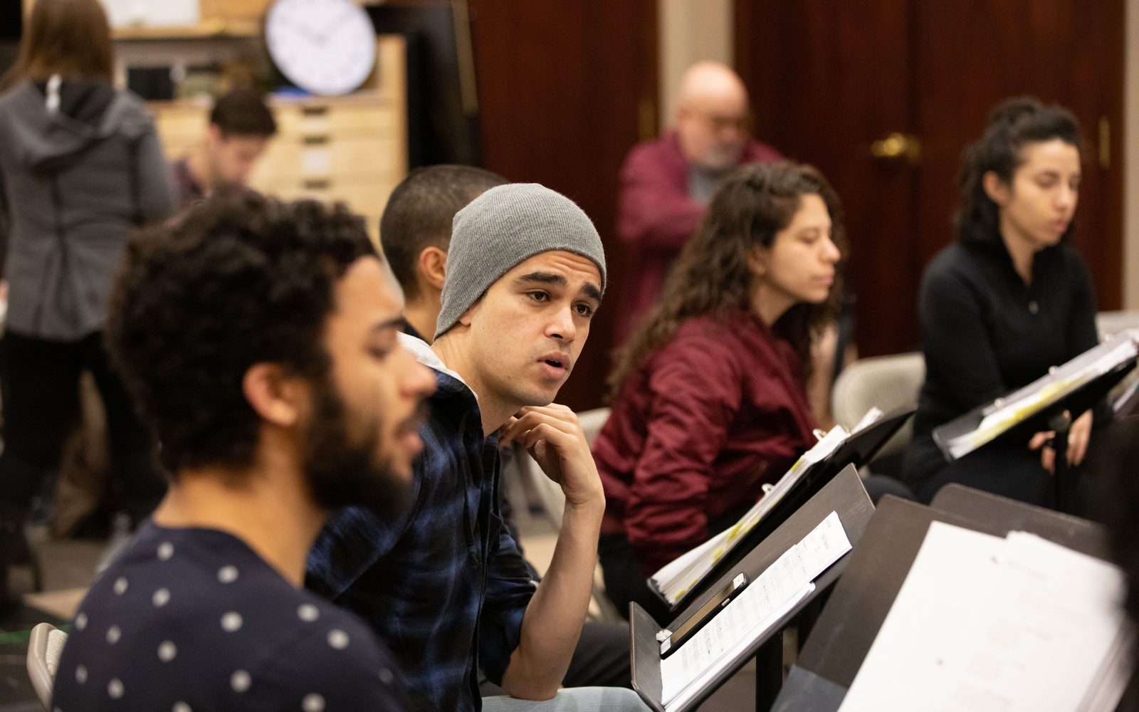 Jakeim Hart, Abubakr Ali, Dana Saleh Omar, and Layan Elwazani in rehearsal for We Live in Cairo.